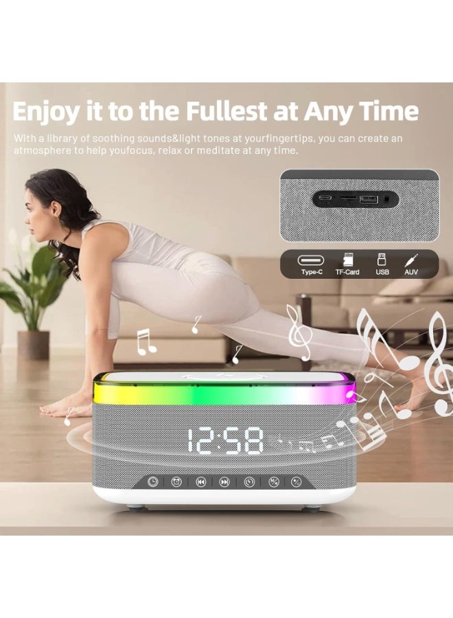 Bluetooth Speaker with Wireless Charging Digital Clock LED Display 15W Qi Charging Station 2 x 10W Speakers7 Ambient Lights BT5.3/AUX/TF/USB for Home Bedside Travel - Image 4